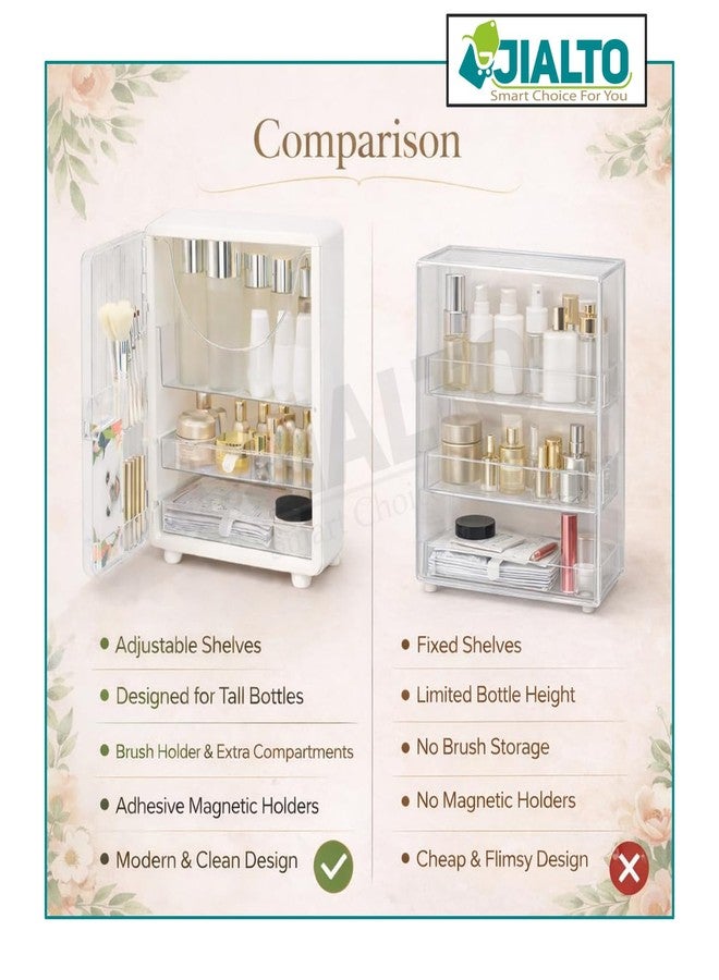 JIALTO Bathroom Cosmetic Organizer Box with Door & Drawer– Multi Layer Makeup Storage Cabinet with Brush Holder, Skincare & Vanity Organizer for Dressing Table & Countertop - (41HX28LX18W CM, White) - Image 5
