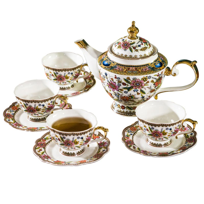 ACMLIFE Fine Bone China Tea Set British Vintage China Set for Adults 24K Gold Afternoon Cups and Saucers for Women Tea Party or Gift Giving Pink and Gold