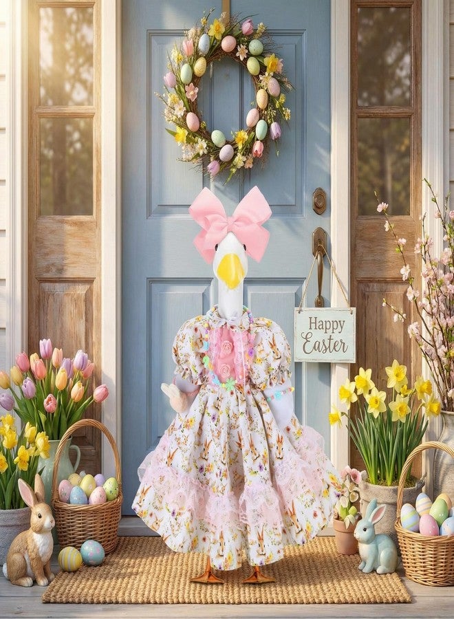 Abbylike 1 Set Easter Bunny Porch Goose Outfit Rabbit Yard Goose Costume Clothes with Bow Headband Fits Large 23'' H Cement for Easter Day Outdoor Patio Garden Lawn Pathway Spring Statue Decor - Image 2