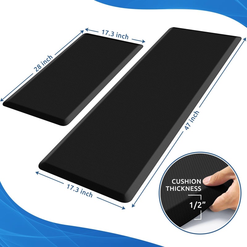 KitchenClouds 2PCS Kitchen Rugs Cushioned Anti-Fatigue Non-Slip Water Resistant Kitchen Mat Comfort Foam Standing Mat for Floor Office Sink Laundry (Black) - Image 2
