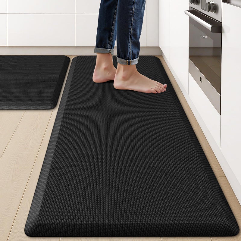 KitchenClouds 2PCS Kitchen Rugs Cushioned Anti-Fatigue Non-Slip Water Resistant Kitchen Mat Comfort Foam Standing Mat for Floor Office Sink Laundry (Black) - Image 1