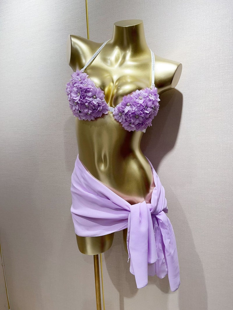 2-Piece Floral Bikini Set with Hand-Stitched Design & Front Buckle, Includes Matching Scarf
