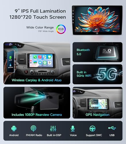 AINAVIGO 9" Car Stereo Radio for Honda Civic 2006 2007 2008 2009 2010 2011 - Wireless CarPlay Android Auto | 5G WiFi GPS Navigation | IPS HD Touchscreen | Bluetooth/FM/SWC | 1080P Backup Camera - Image 4