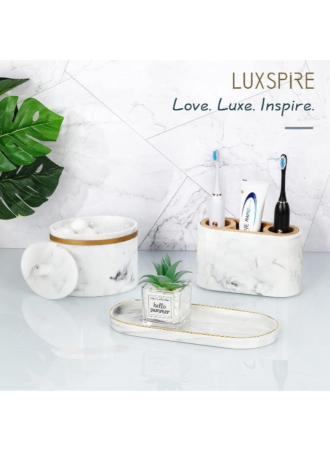 Luxspire Bathroom Vanity Tray, Marble Ceramic Dresser Jewelry Dish With Golden Rim, Decorative Tray Countertop Sink Storage Holder Organizer For Soap Candles Perfume Comestic Home Decor, Marble White  - Image 2