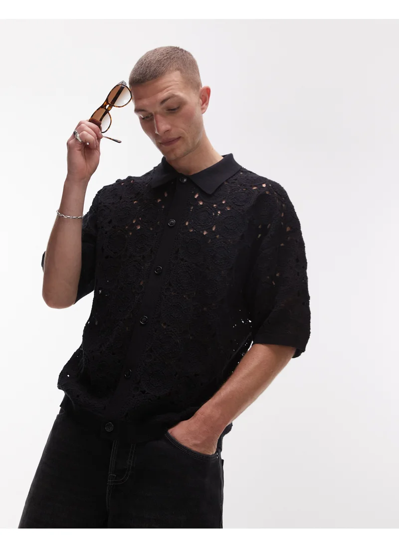 توب مان Topman Relaxed Floral Crochet Shirt In Black