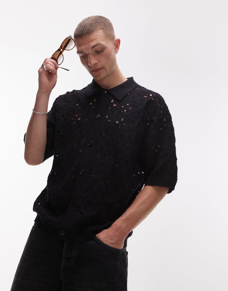 Topman Relaxed Floral Crochet Shirt In Black - Image 1