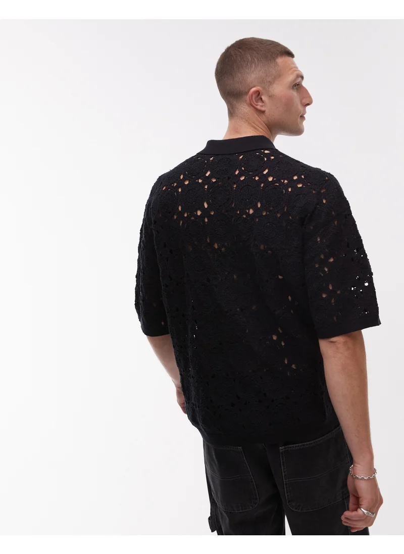 توب مان Topman Relaxed Floral Crochet Shirt In Black