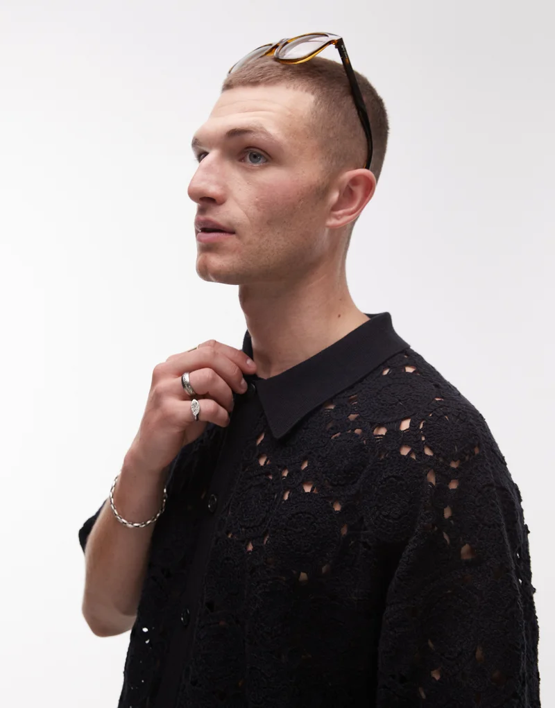 TOPMAN Topman Relaxed Floral Crochet Shirt In Black