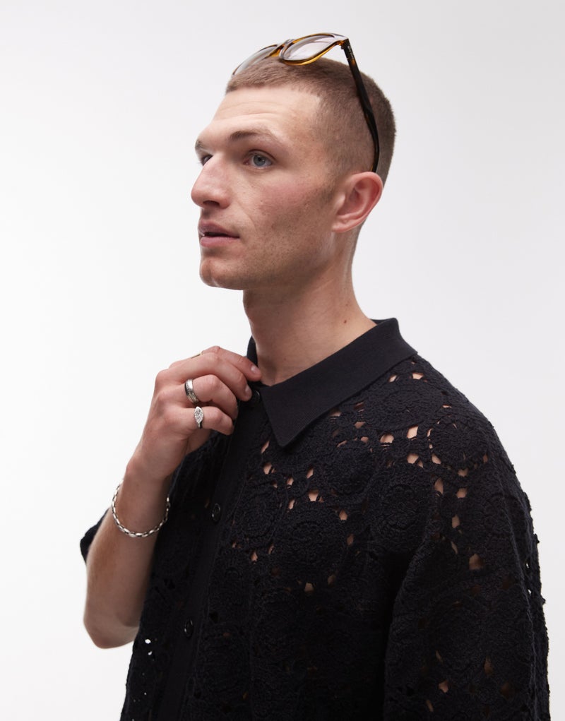 Topman Relaxed Floral Crochet Shirt In Black - Image 3