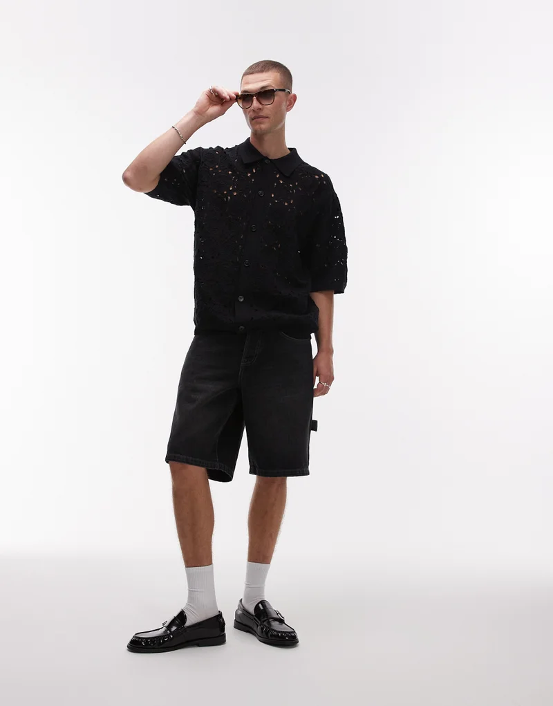 TOPMAN Topman Relaxed Floral Crochet Shirt In Black
