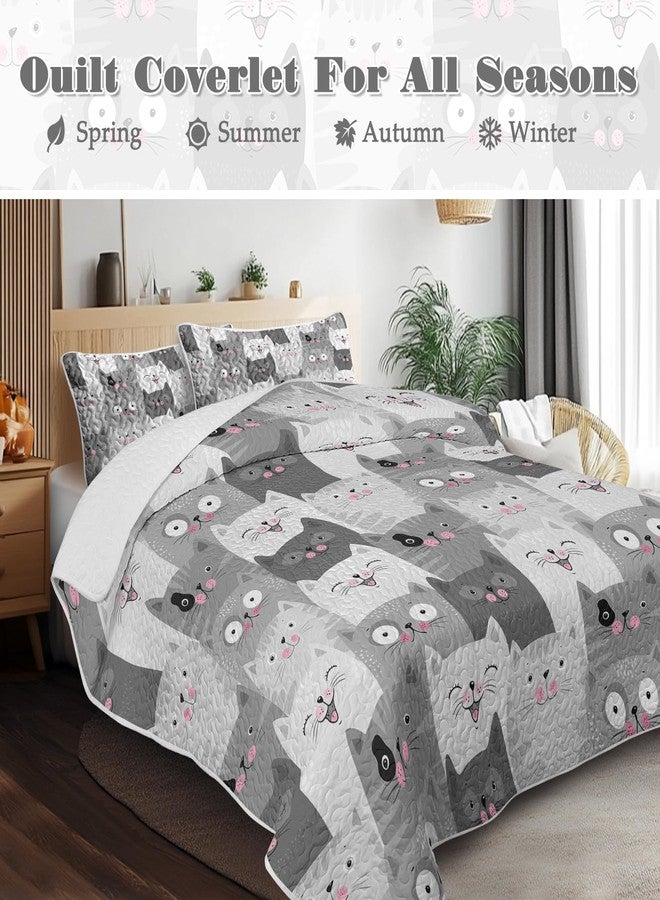 BlessLiving Grey Cat Quilt Set King(108"x96"), 3 Pieces Lightweight Cartoon Kitten Pattern Quilt Bedspread, 3D Kawaii Cats Bedspread Comforter All-Season for Women Girls Kids Cat Lover - Image 2