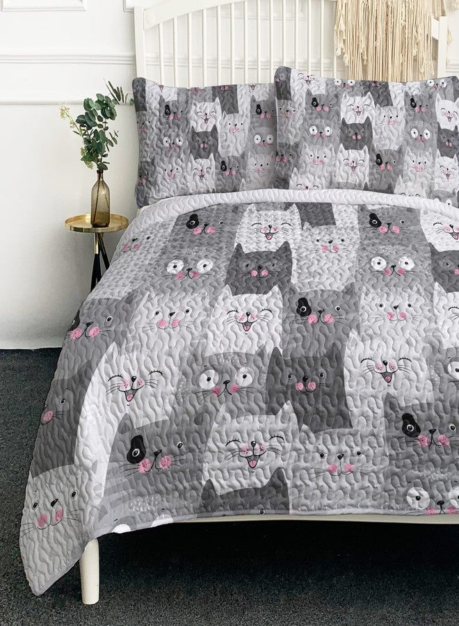 BlessLiving Grey Cat Quilt Set King(108"x96"), 3 Pieces Lightweight Cartoon Kitten Pattern Quilt Bedspread, 3D Kawaii Cats Bedspread Comforter All-Season for Women Girls Kids Cat Lover - Image 1