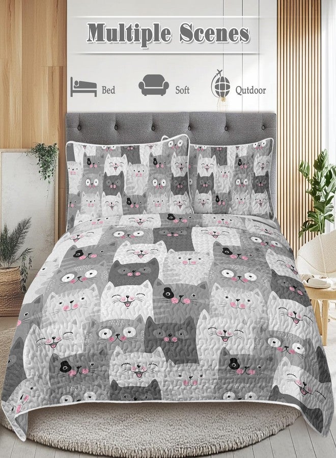 BlessLiving Grey Cat Quilt Set King(108"x96"), 3 Pieces Lightweight Cartoon Kitten Pattern Quilt Bedspread, 3D Kawaii Cats Bedspread Comforter All-Season for Women Girls Kids Cat Lover - Image 3