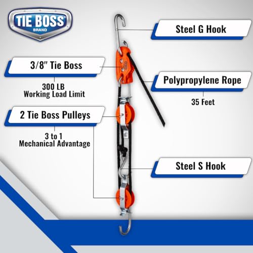 Tie Boss Self Locking Block and Tackle Pulley Hoist System with 35 ft of Polypropylene Solid Braided Rope Rated for 300lbs - Image 3