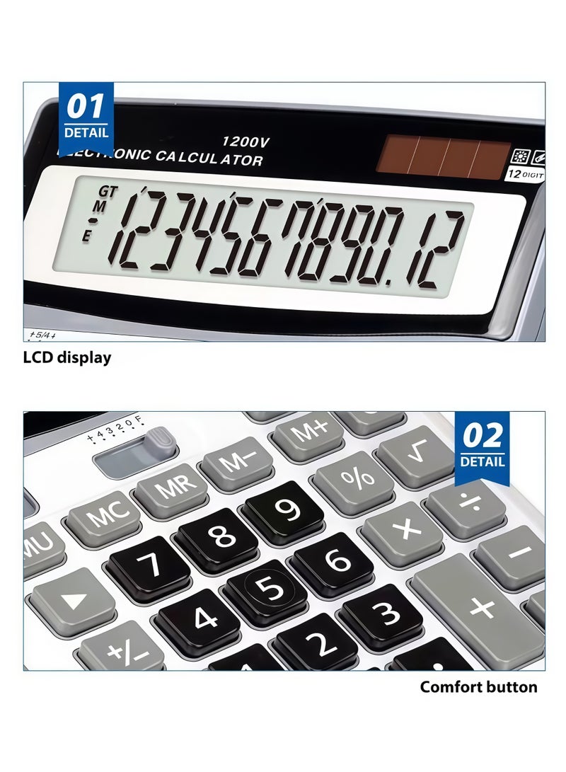 1200V Large Display Desktop Calculator, 12-Digit Solar Battery Dual Power, Big Button Accounting Tool for Office Business Finance Home - Image 4