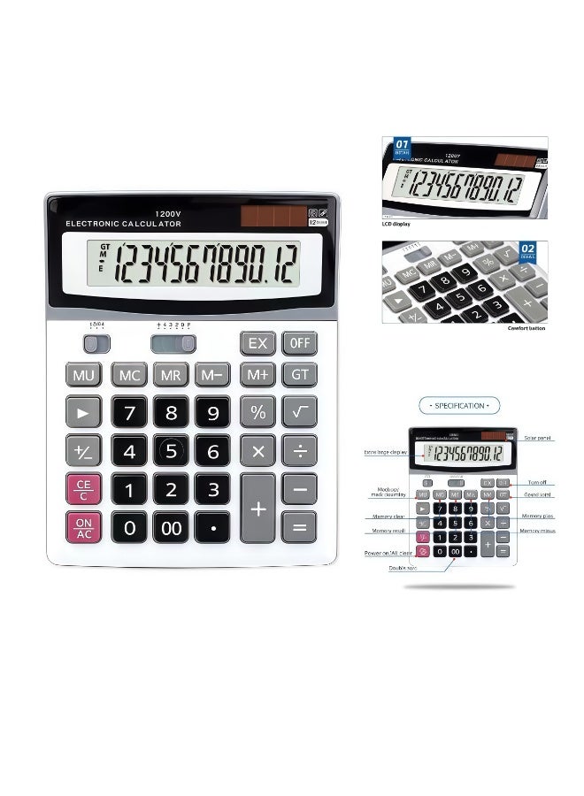 1200V Large Display Desktop Calculator, 12-Digit Solar Battery Dual Power, Big Button Accounting Tool for Office Business Finance Home - Image 1