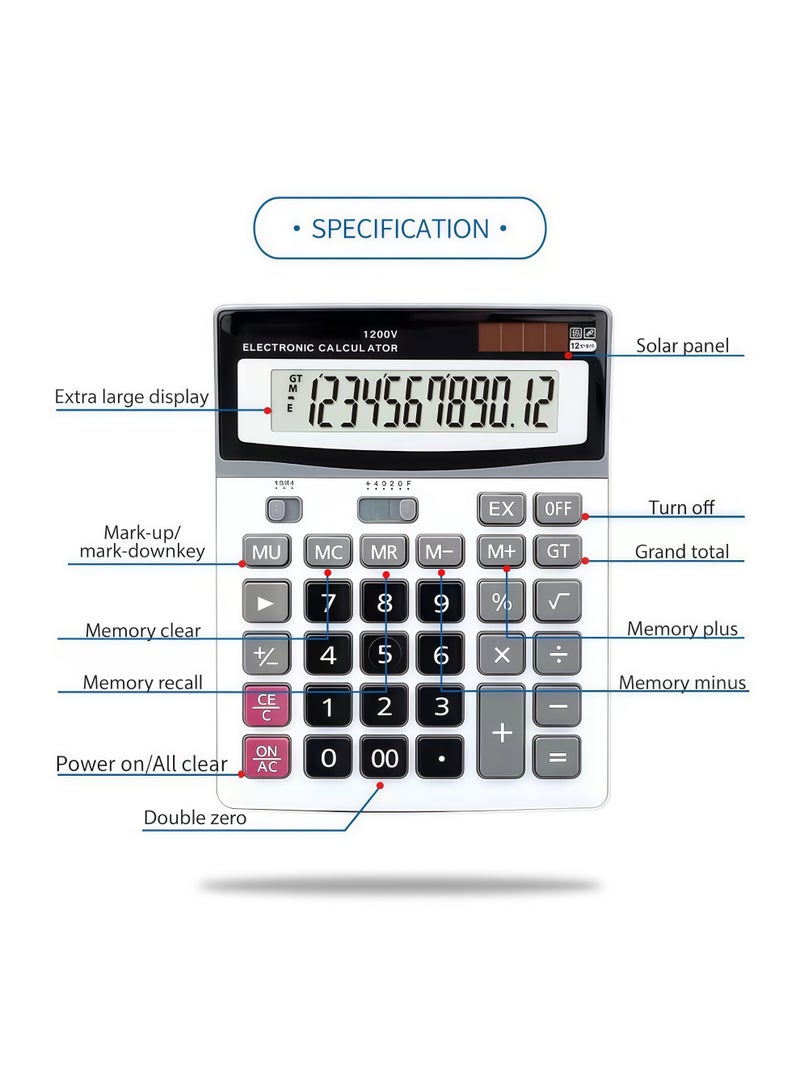 1200V Large Display Desktop Calculator, 12-Digit Solar Battery Dual Power, Big Button Accounting Tool for Office Business Finance Home - Image 3