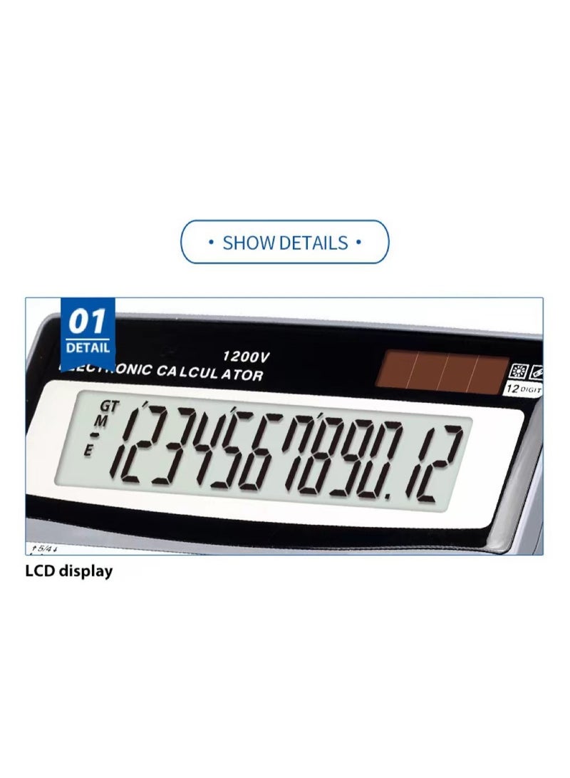 1200V Large Display Desktop Calculator, 12-Digit Solar Battery Dual Power, Big Button Accounting Tool for Office Business Finance Home - Image 2
