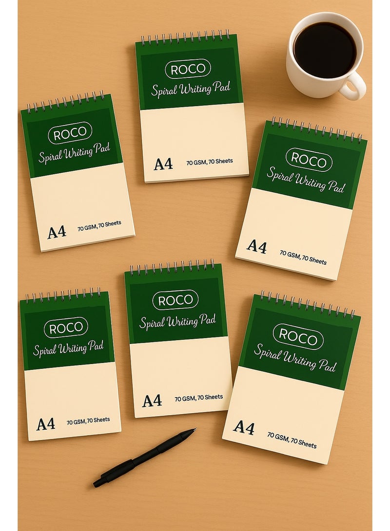 روكو دفاتر روكو الحلزونية للكتابة مقاس A4، وزن 70 جم، 70 ورقة – عبوة من 6 | كتابة سلسة وتجليد متين - Image 2