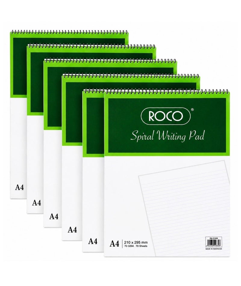 ROCO Spiral Writing Pad A4, 70 GSM, 70 Sheets – Pack of 6 | Smooth Writing, Sturdy Binding - Image 1