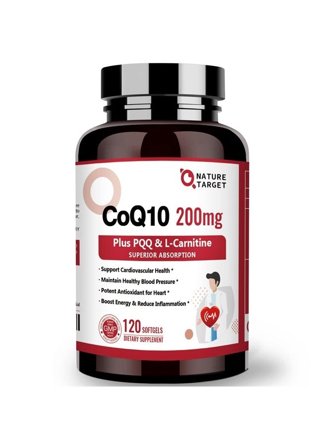 NATURE TARGET CoQ10-200 ملغ مع PQQ L-Carnitine وأوميغا-3، امتصاص عالي لمساعد الإنزيم Q10 مع BioPerine، يدعم القلب والجهاز المناعي، إنتاج الطاقة الخلوية، 120 حصة - Image 1