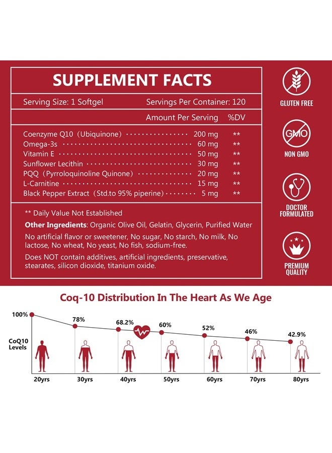 NATURE TARGET CoQ10-200 ملغ مع PQQ L-Carnitine وأوميغا-3، امتصاص عالي لمساعد الإنزيم Q10 مع BioPerine، يدعم القلب والجهاز المناعي، إنتاج الطاقة الخلوية، 120 حصة - Image 2