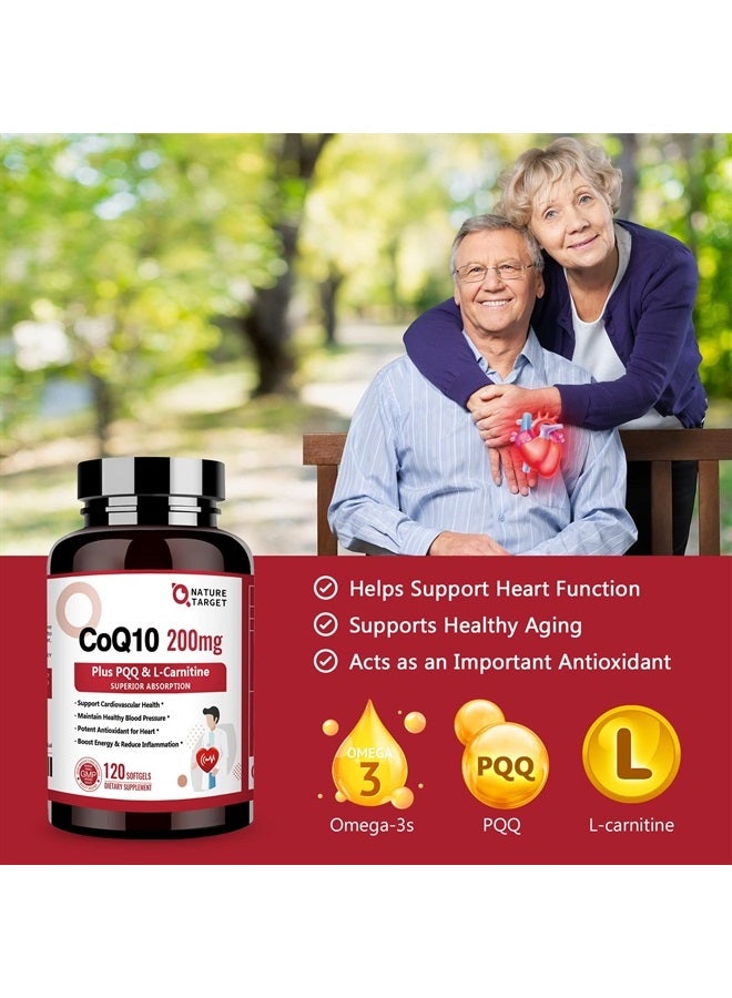 NATURE TARGET CoQ10-200 ملغ مع PQQ L-Carnitine وأوميغا-3، امتصاص عالي لمساعد الإنزيم Q10 مع BioPerine، يدعم القلب والجهاز المناعي، إنتاج الطاقة الخلوية، 120 حصة - Image 3
