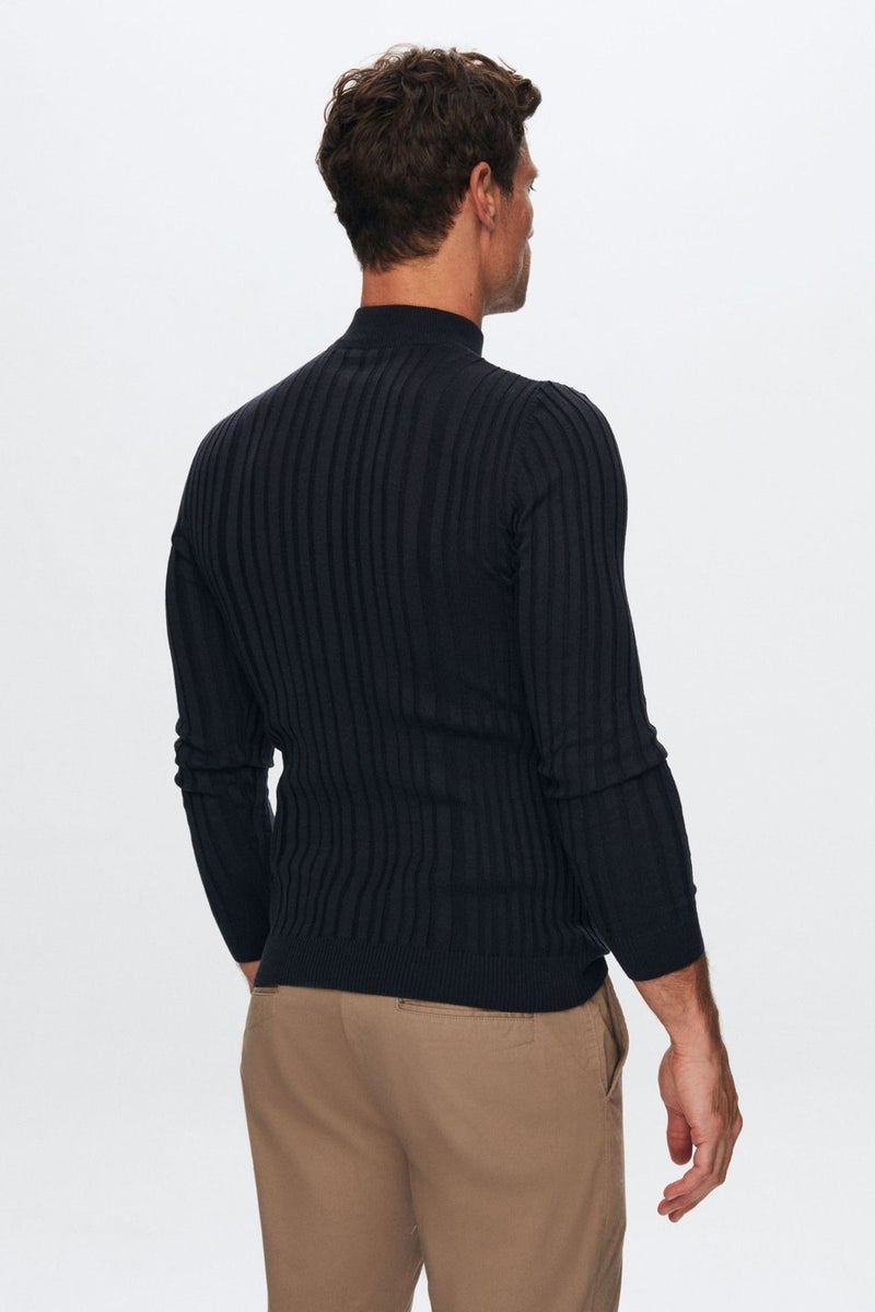 D'S DAMAT Slim Fit Navy Blue Corduroy Cotton Blend Half Turtleneck Slim Fit Body-hugging Knitwear Sweater 5HF06ORT64100  - Image 3