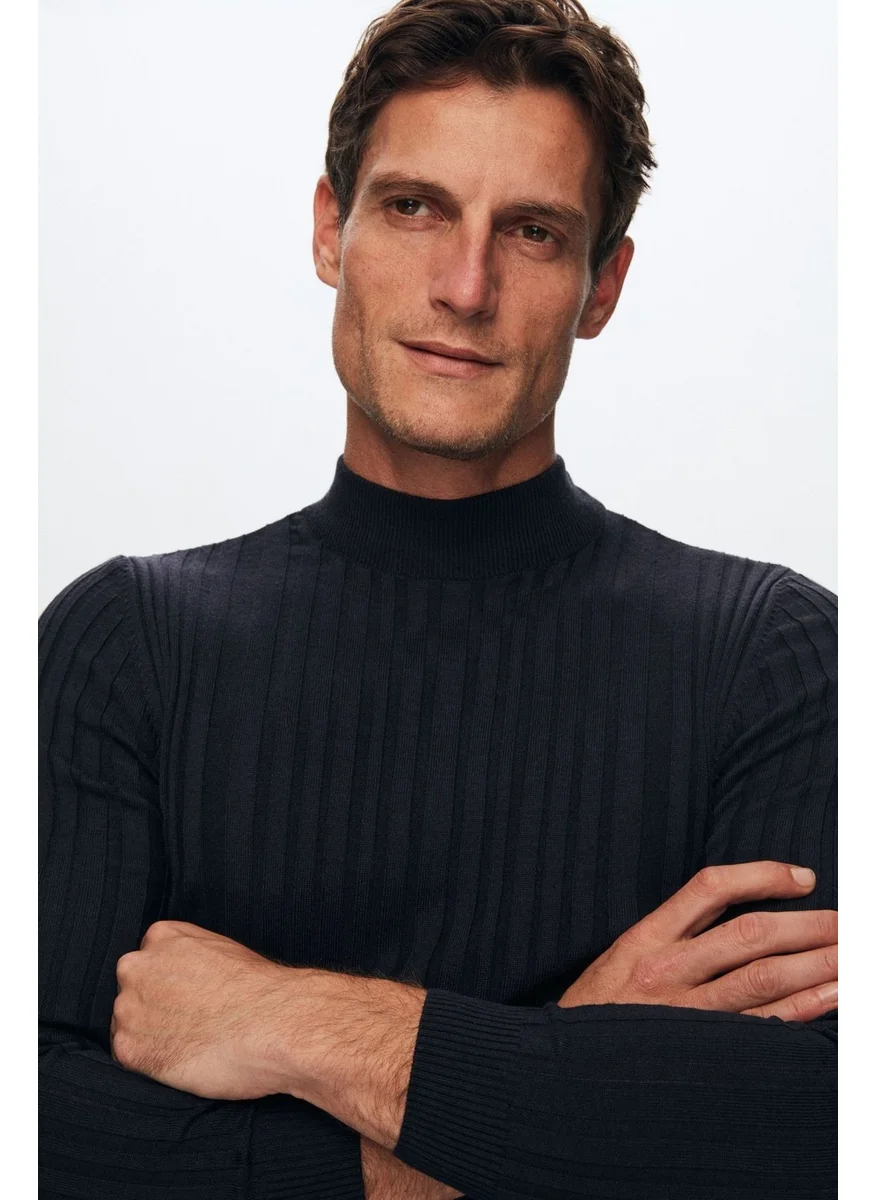 D'S DAMAT Slim Fit Navy Blue Corduroy Cotton Blend Half Turtleneck Slim Fit Body-hugging Knitwear Sweater 5HF06ORT64100