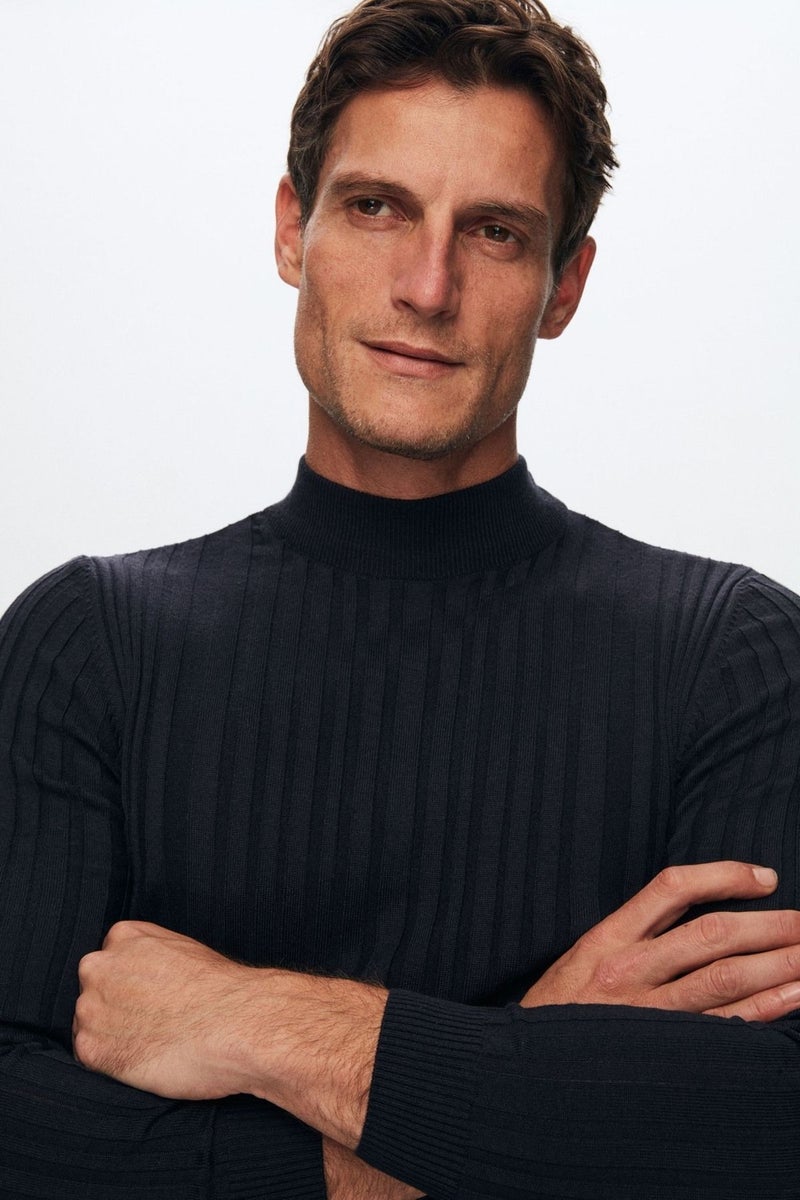 D'S DAMAT Slim Fit Navy Blue Corduroy Cotton Blend Half Turtleneck Slim Fit Body-hugging Knitwear Sweater 5HF06ORT64100  - Image 2