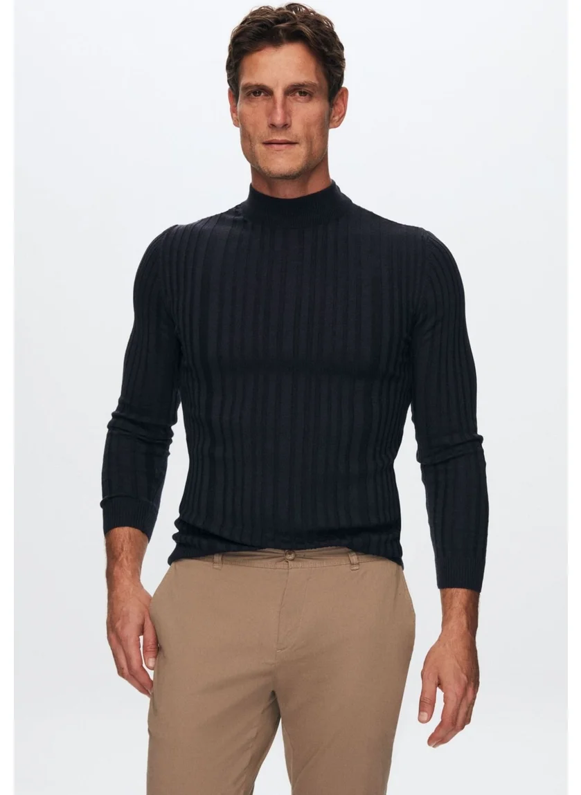 D'S DAMAT Slim Fit Navy Blue Corduroy Cotton Blend Half Turtleneck Slim Fit Body-hugging Knitwear Sweater 5HF06ORT64100