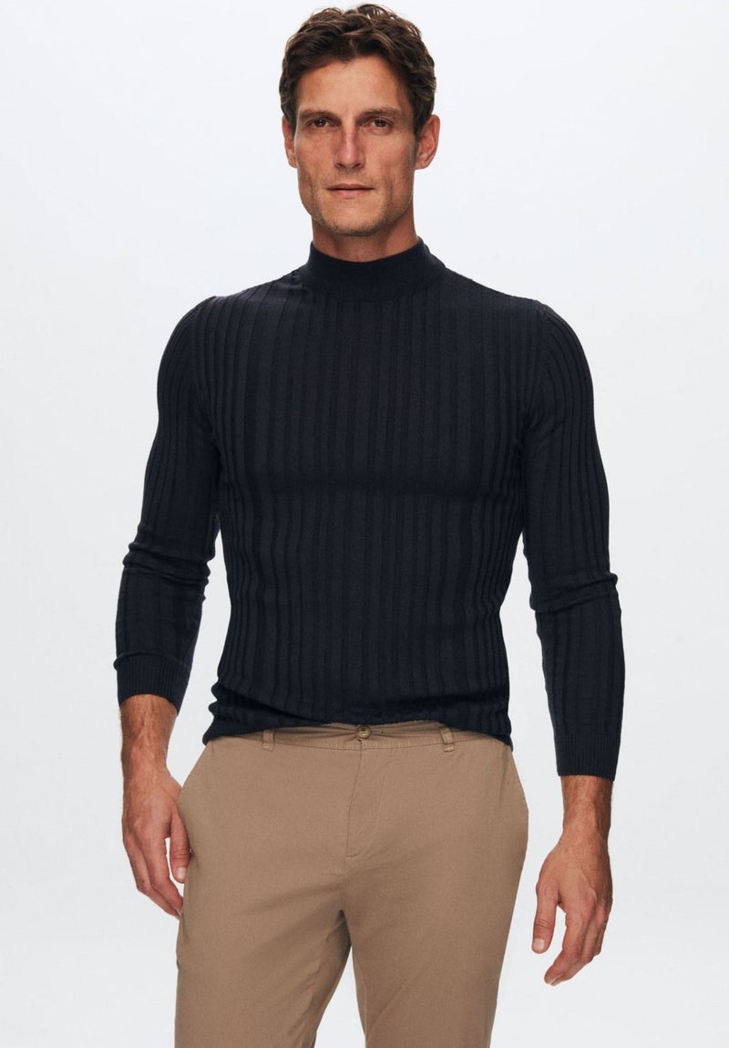 D'S DAMAT Slim Fit Navy Blue Corduroy Cotton Blend Half Turtleneck Slim Fit Body-hugging Knitwear Sweater 5HF06ORT64100  - Image 1