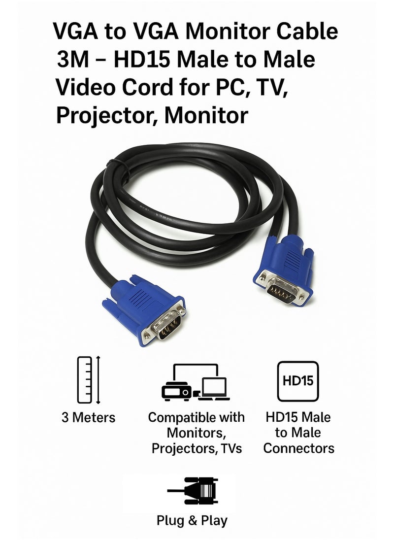 Generic - VGA to VGA Monitor Cable 3M – HD15 Male to Male Video Cord for PC, TV, Projector, Monitor - Image 1