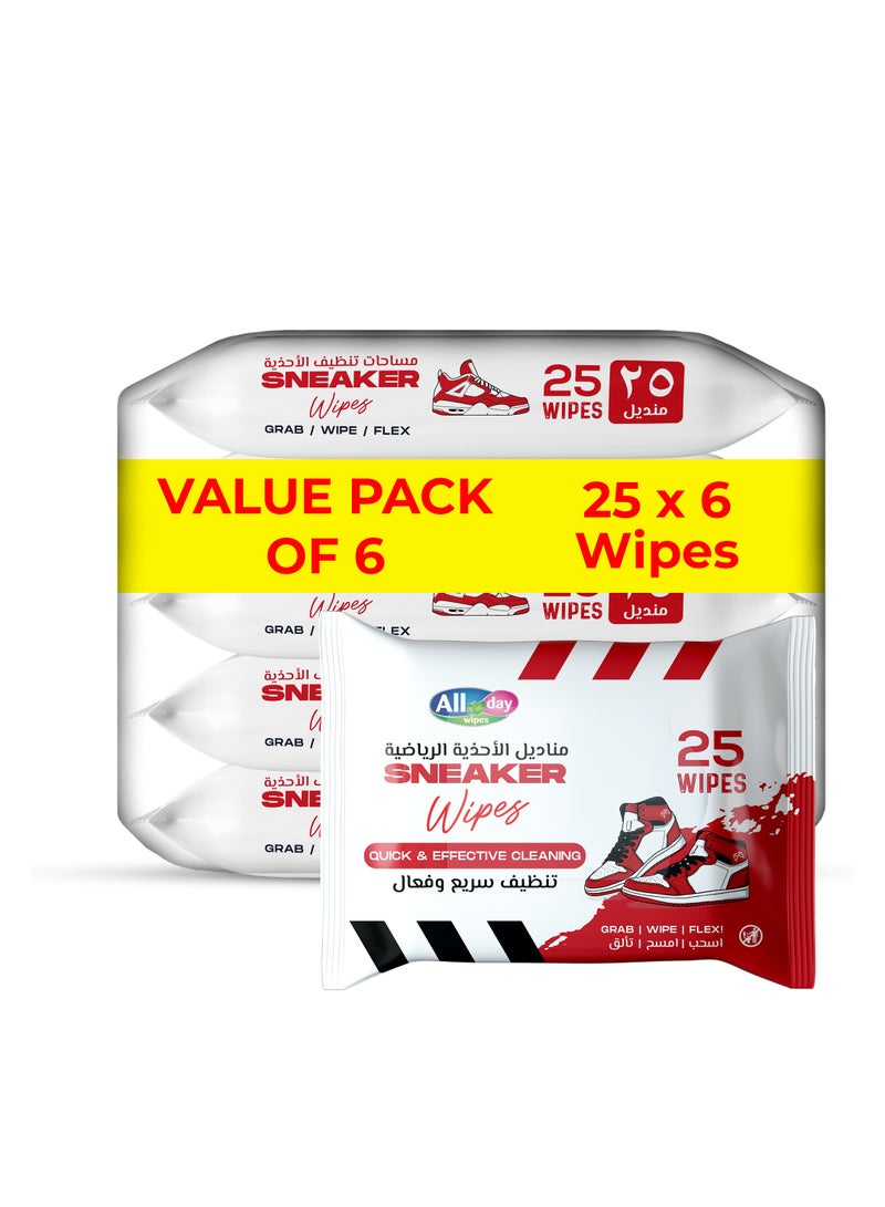 All day wipes All Day Sneaker Wet Wipes (Quick & Effective Cleaning)-25 Count Grab/Wipe/Flex : Instantly Removes Dirt, Scuffs, and Stains from all Sneaker Materials. ( Pack of 6) - Image 1
