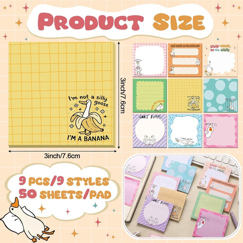 Saypacck 9 Pads Goose Sticky Notes Cartoon Self Stick Notepads 3x3 Inches Notes Adhesive Memo Pad Office Decor Gifts for Students School Teacher Office Meeting - Image 2