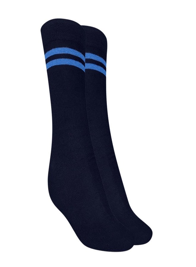 MUKHAKSH (Pack of 1 Pair Girls Kids Navy Blue Socks with Sky Blue Stripes, Navy Blue with Sky Blue Stripes Calf Length School Uniform Dress Socks, 11-12 Years
