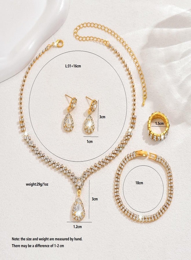 IS4U Rhinestone Water Drop Set for Women Bridal Wedding Vintage Colourful Crystal Zircon Statement Necklace Ring Earrings Bracelet Set Party Dress Ball Fashion Jewellery (Gold) - Image 5