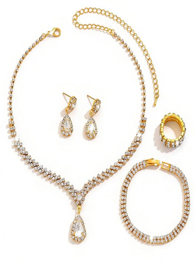 IS4U Rhinestone Water Drop Set for Women Bridal Wedding Vintage Colourful Crystal Zircon Statement Necklace Ring Earrings Bracelet Set Party Dress Ball Fashion Jewellery (Gold) - Image 3