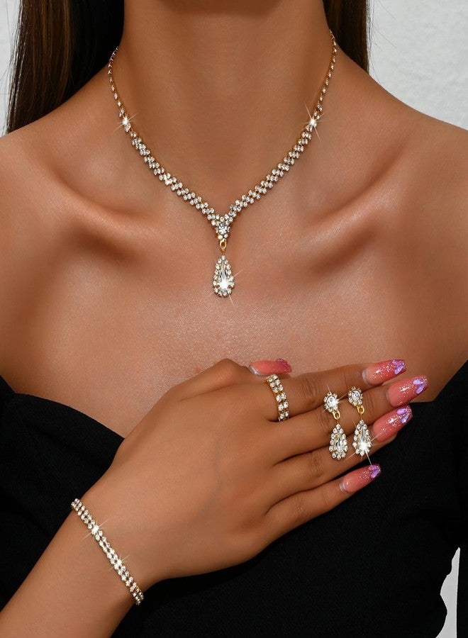 IS4U Rhinestone Water Drop Set for Women Bridal Wedding Vintage Colourful Crystal Zircon Statement Necklace Ring Earrings Bracelet Set Party Dress Ball Fashion Jewellery (Gold) - Image 4