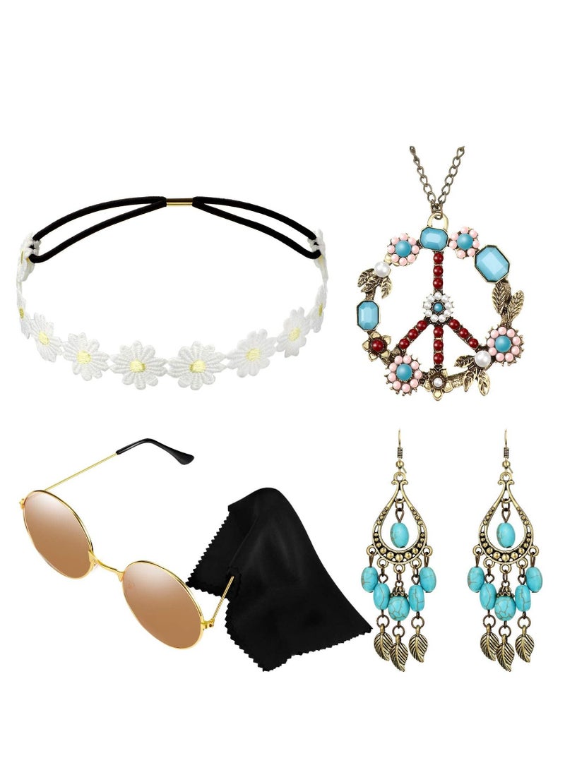 KASTWAVE 4 Pieces Hippie Costume Set Include Sunglasses Headband Necklace and Earring Hippie Accessories for Women 60s 70s Party - Image 1