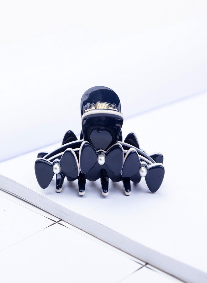 Prettyou 2.75 Inches Handmade Celluloid Korea Style Barrettes Pearl Bowknot Hair Claw Luxury Fashion Accessories Hair Clip for Women (Navy Blue) - Image 2