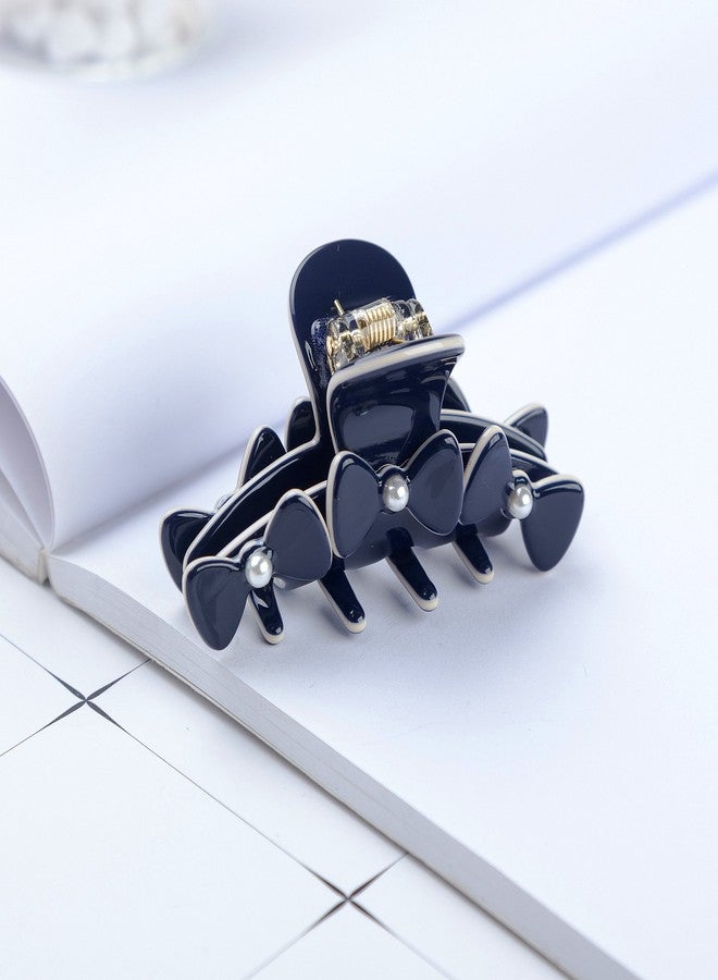 Prettyou 2.75 Inches Handmade Celluloid Korea Style Barrettes Pearl Bowknot Hair Claw Luxury Fashion Accessories Hair Clip for Women (Navy Blue) - Image 3