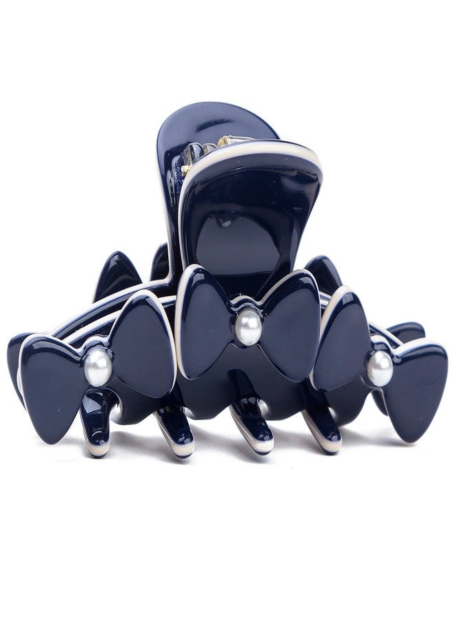 Prettyou 2.75 Inches Handmade Celluloid Korea Style Barrettes Pearl Bowknot Hair Claw Luxury Fashion Accessories Hair Clip for Women (Navy Blue) - Image 1