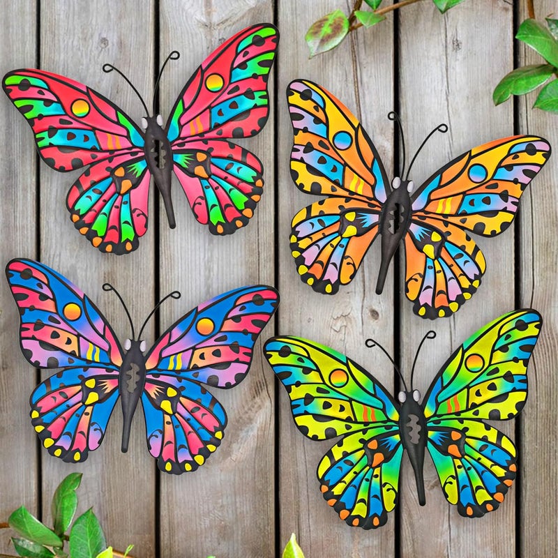 Daogtc 4 Pack Outdoor Butterfly Wall Decor - 9.6 inches Metal Butterfly Wall Art Decorartion for Yard Fence Garden Patio Balcony - Image 1