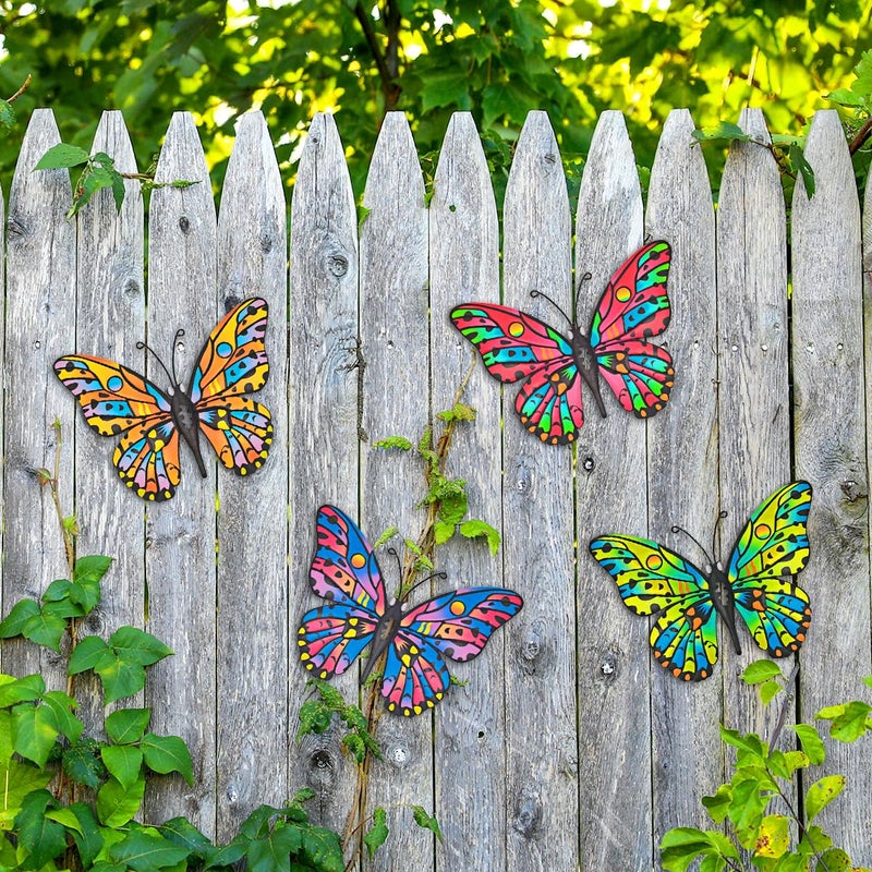 Daogtc 4 Pack Outdoor Butterfly Wall Decor - 9.6 inches Metal Butterfly Wall Art Decorartion for Yard Fence Garden Patio Balcony - Image 2