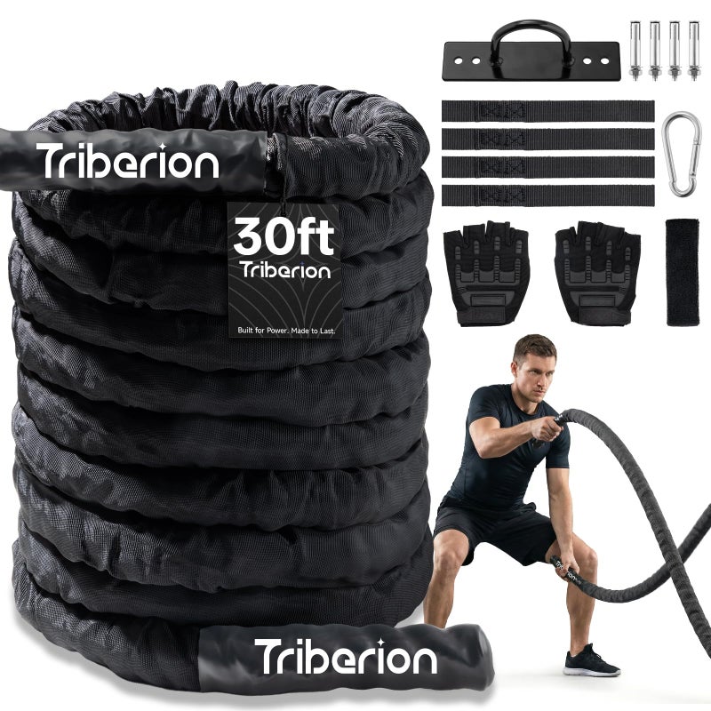 Triberion Battle Rope for Home Gym Workout - 1.5 Inch 30ft Heavy Weighted Training Exercise Ropes Fitness Equipment with Sleeve and Anchor Strap Kit for Outdoor Working Out - Image 1