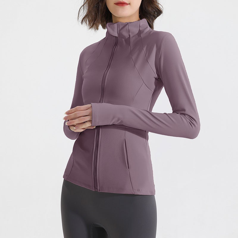 Generic Womens Zippered Fleece Yoga Jacket Breathable Quick-dry Fitness Sports Coat Autumn Winter Coffee purple (thin 314) 