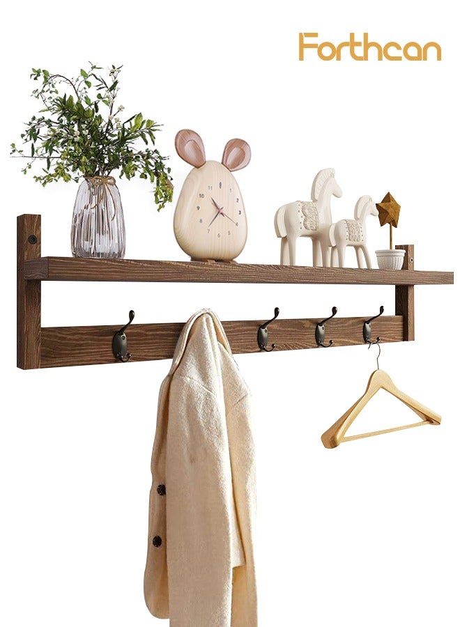 فورثكان رف حائط مع خطافات للمعاطف، رف معاطف جداري للمداخل، رف حائط معلق من الخيزران مع 5 خطافات معدنية مزدوجة للممر/الحمام/غرفة النوم/المطبخ - Image 1