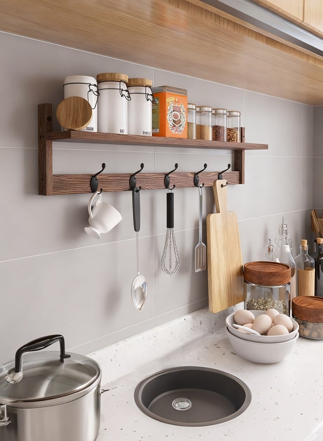 فورثكان رف حائط مع خطافات للمعاطف، رف معاطف جداري للمداخل، رف حائط معلق من الخيزران مع 5 خطافات معدنية مزدوجة للممر/الحمام/غرفة النوم/المطبخ - Image 2