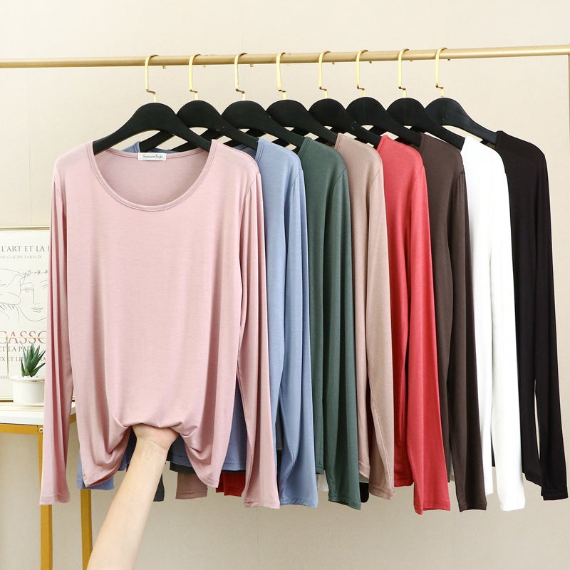 Thin Modal Inner Crewneck T-shirt Women's Spring and Autumn Long-sleeved Loose Top Flesh-Covering Slimming plus size Base Shirt - Image 2
